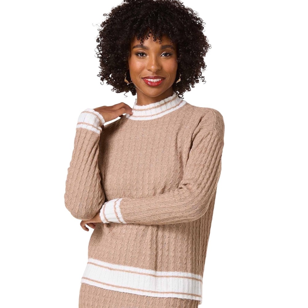 NWOT Cato Womens‎ Tan Cable Knit Mock Neck Sweater Contrast Stripe Size M